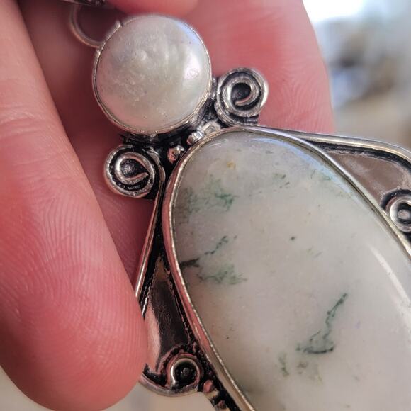 Ethereal White Moss Agate Pendant, Sterling Silver Necklace With Pearl - Picture 7 of 8